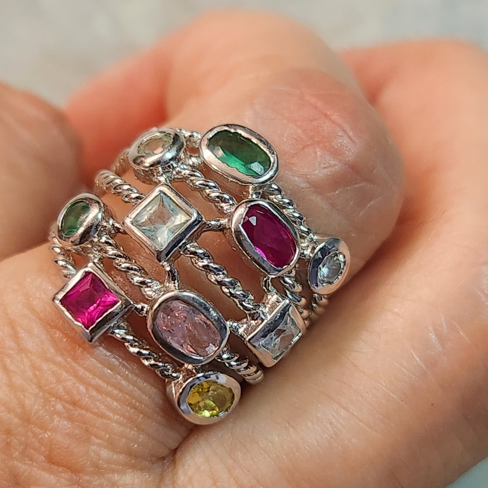 Multi-gemstone women's 925 silver ring. Size 6 adjustable